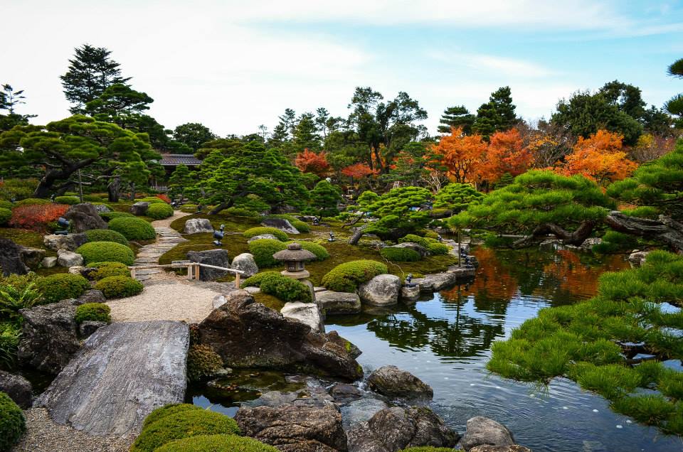 池と紅葉、松を眺める由志園の秋。2014年11月1日撮影。