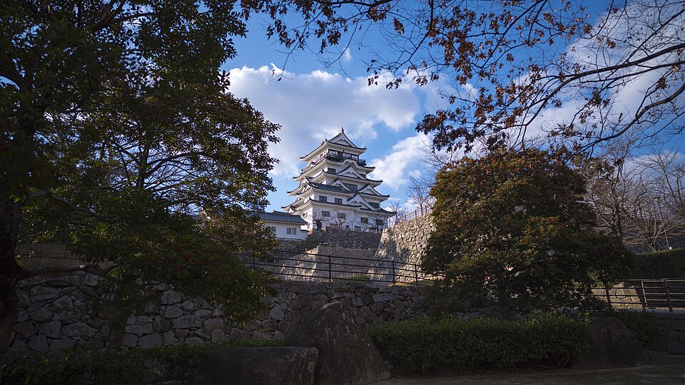 冬の木々越しに見た福山城の天守。2024年12月24日撮影。
