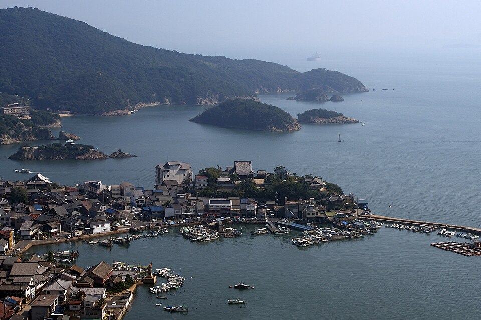 高台から望む鞆の浦の港と町並み。2008年10月18日撮影。