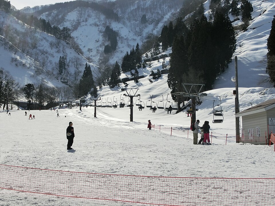 雪に覆われた湯沢高原の斜面を、リフトとスキーヤーが行き交う。